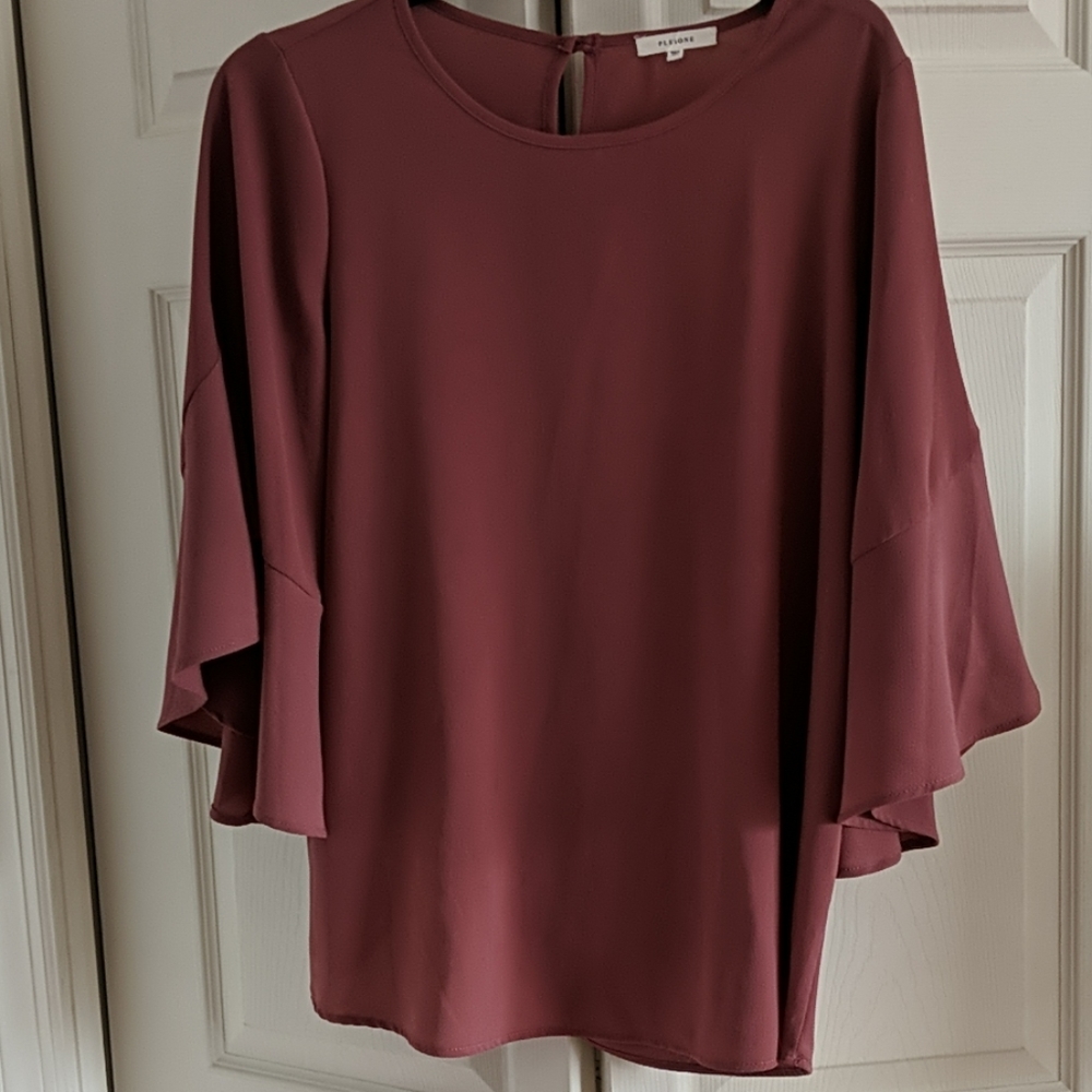 Pleione Sz S dusky rose pink trumpet sleeve blouse